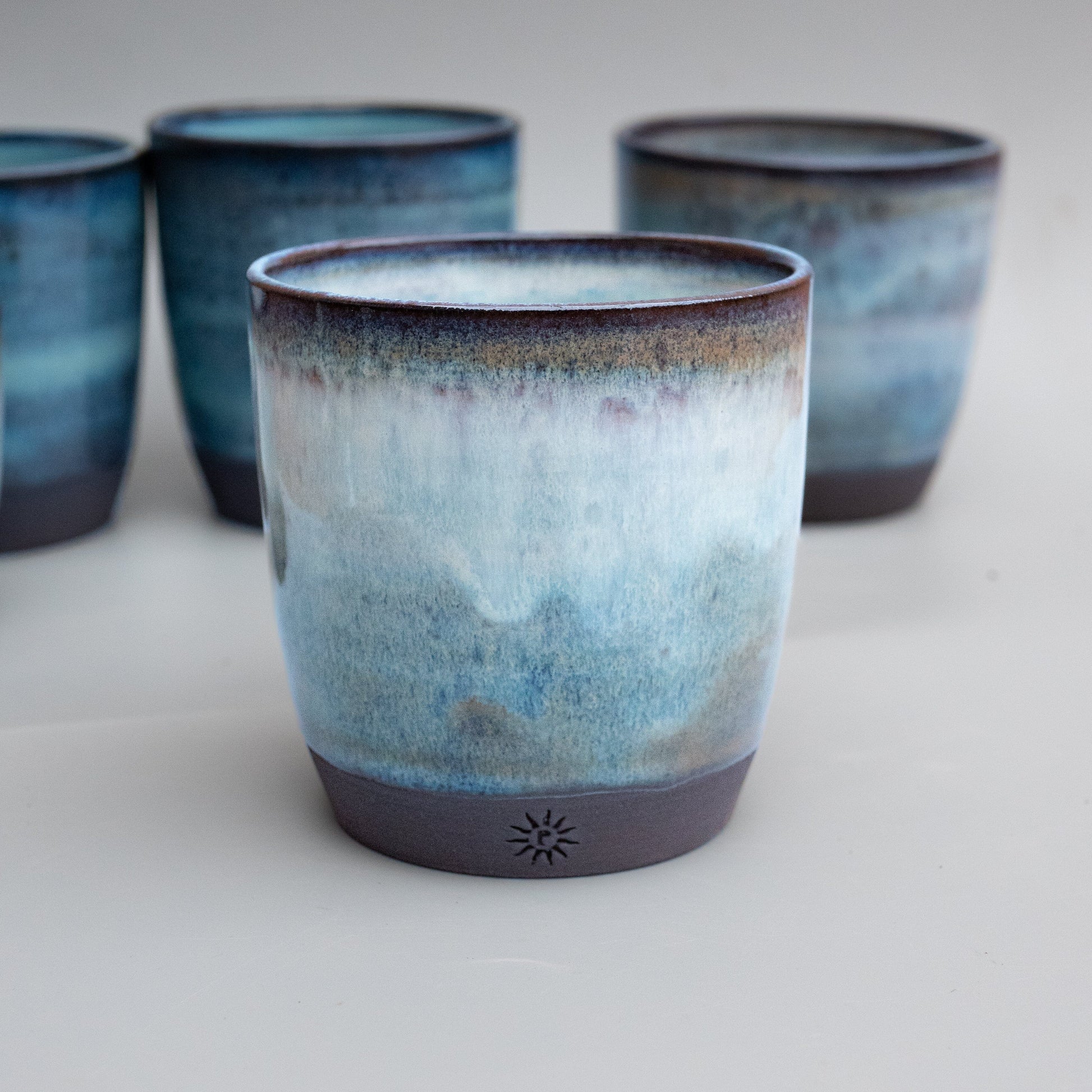 Waters edge glaze. Stoneware pottery tumbler. Pottery studio cornwall