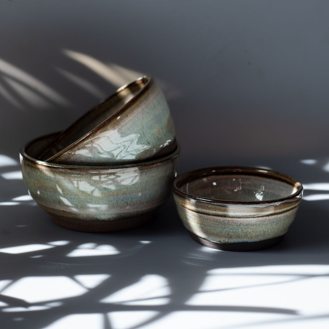Small. Stoneware pottery bowls, thrown in black clay. Cornwall