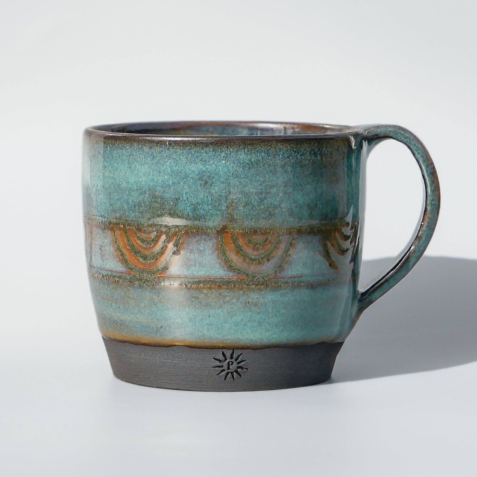 Hand thrown Pottery Coffee Cup With Handle Patterned Hand Made