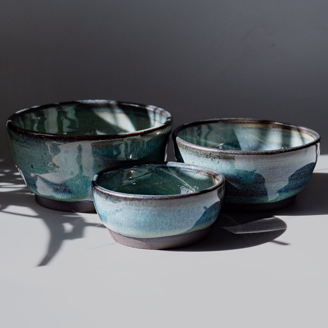 Handmade Pottery Bowls store with Cream or Turquoise Glazed Rim