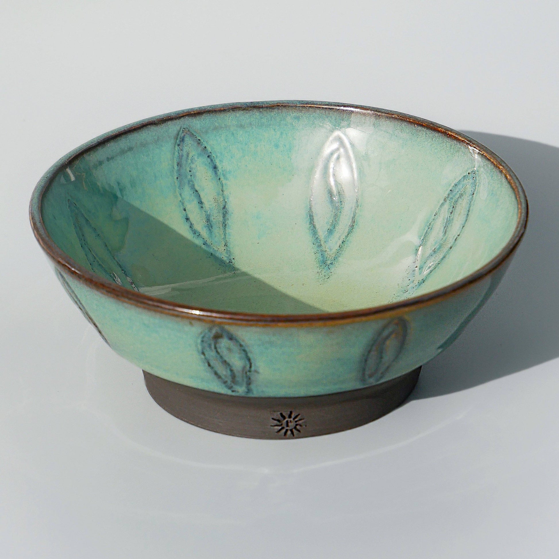 Artisan Hand Made Stoneware Bowls Hand Carved Kiln Fired Turquoise Sea Glaze